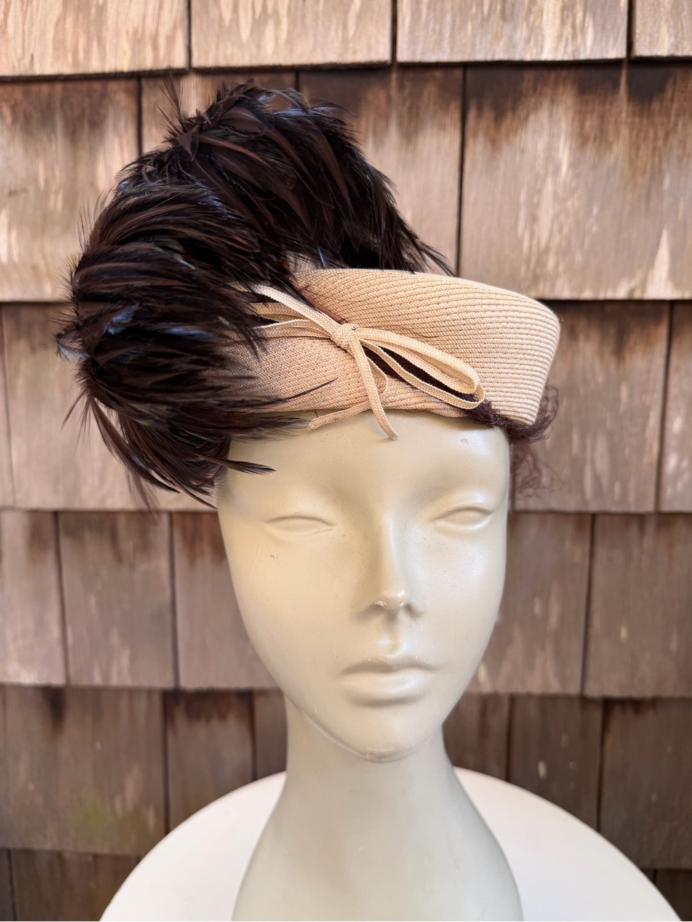 Vintage faux straw beige pillbox hat bows & brown feathers accent tassels 21.5”.